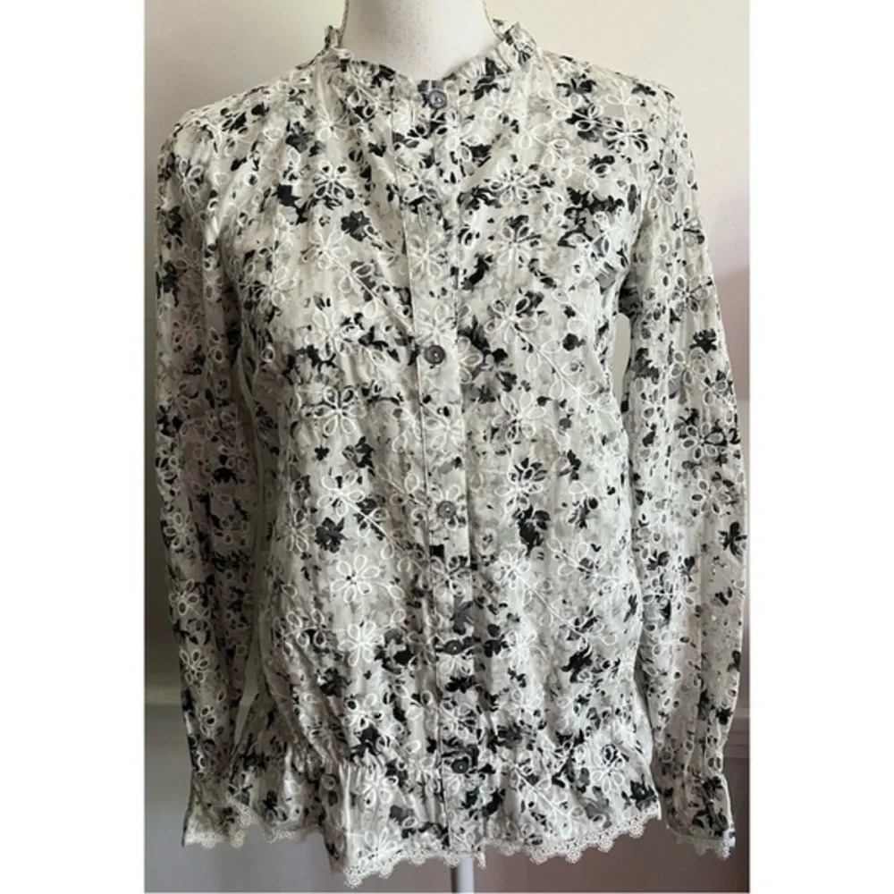 LOGO Lori Goldstein • Black White Grey Eyelet Embroidered Floral Blouse